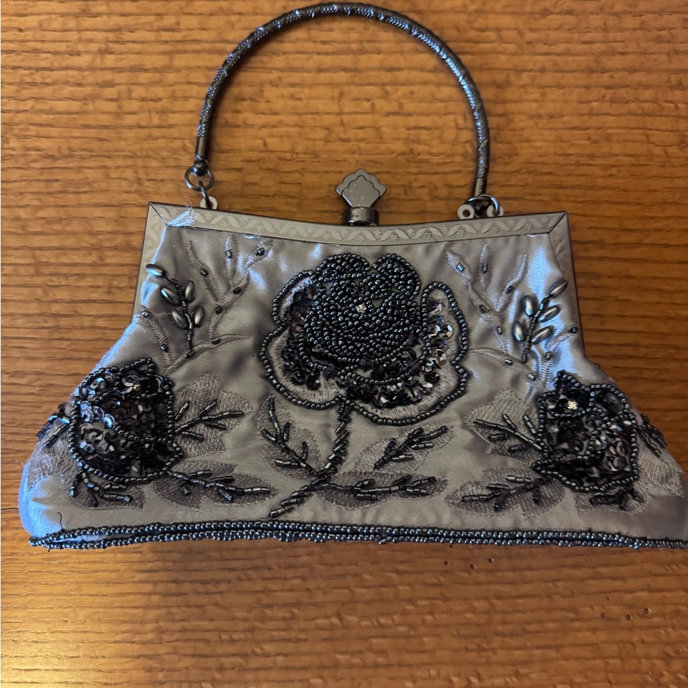 Chic Black Beaded Floral Clutch